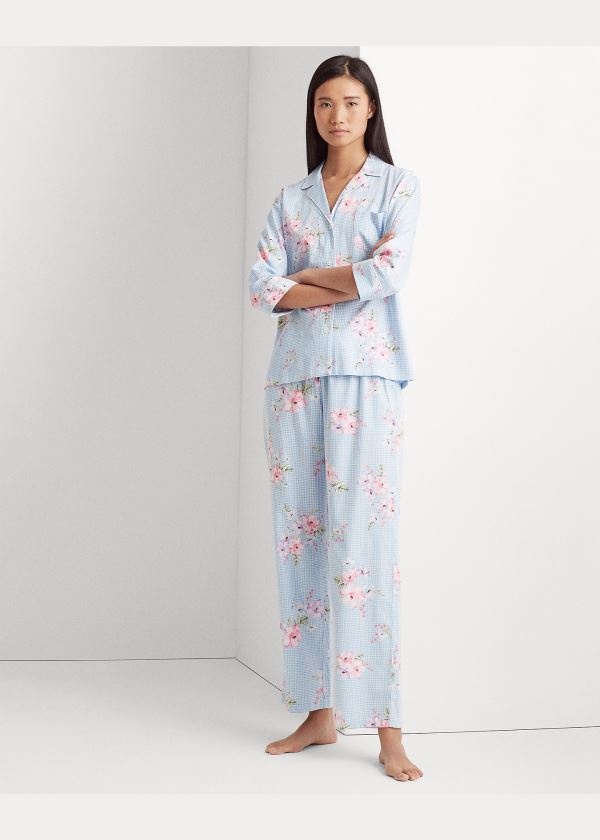 Piżama Ralph Lauren Print Cotton-Blend Sleep Set Damskie Niebieskie | FVER5167