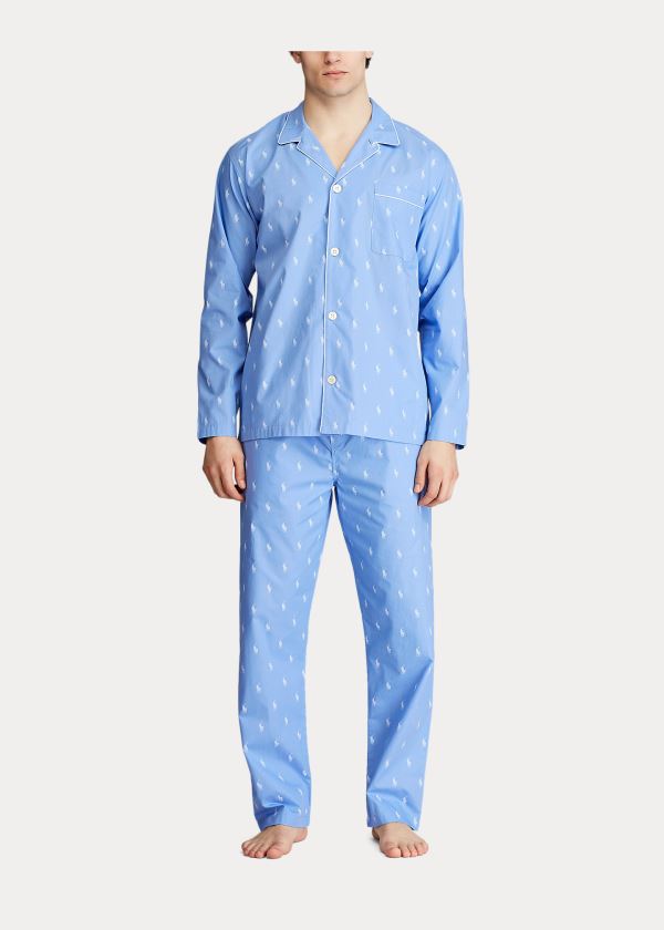 Piżama Ralph Lauren Signature Pony Pajama Shirt Męskie Niebieskie Białe | USJA0652