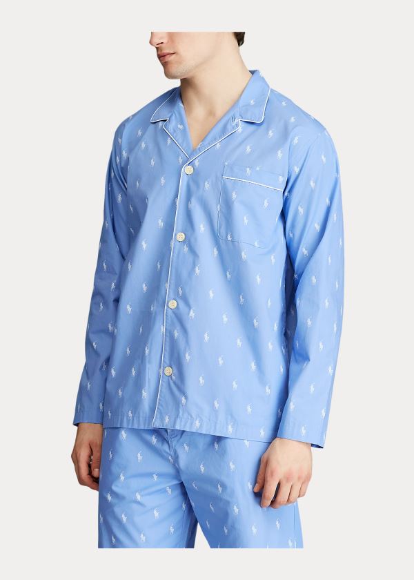 Piżama Ralph Lauren Signature Pony Pajama Shirt Męskie Niebieskie Białe | USJA0652