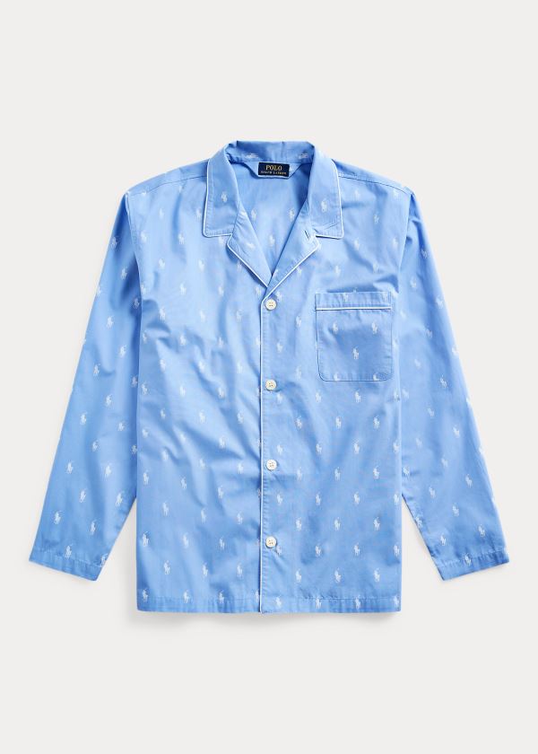 Piżama Ralph Lauren Signature Pony Pajama Shirt Męskie Niebieskie Białe | USJA0652