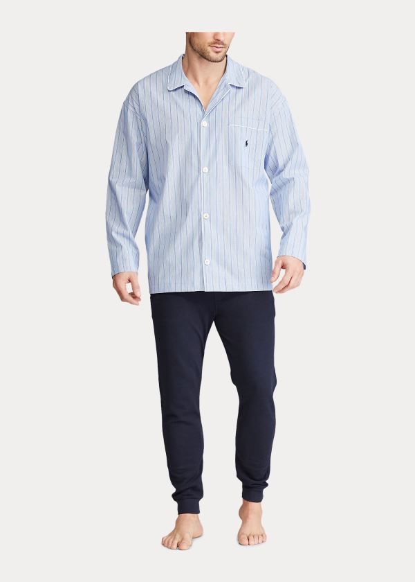 Piżama Ralph Lauren Striped Cotton Pajama Shirt Męskie Niebieskie | BYDJ5314