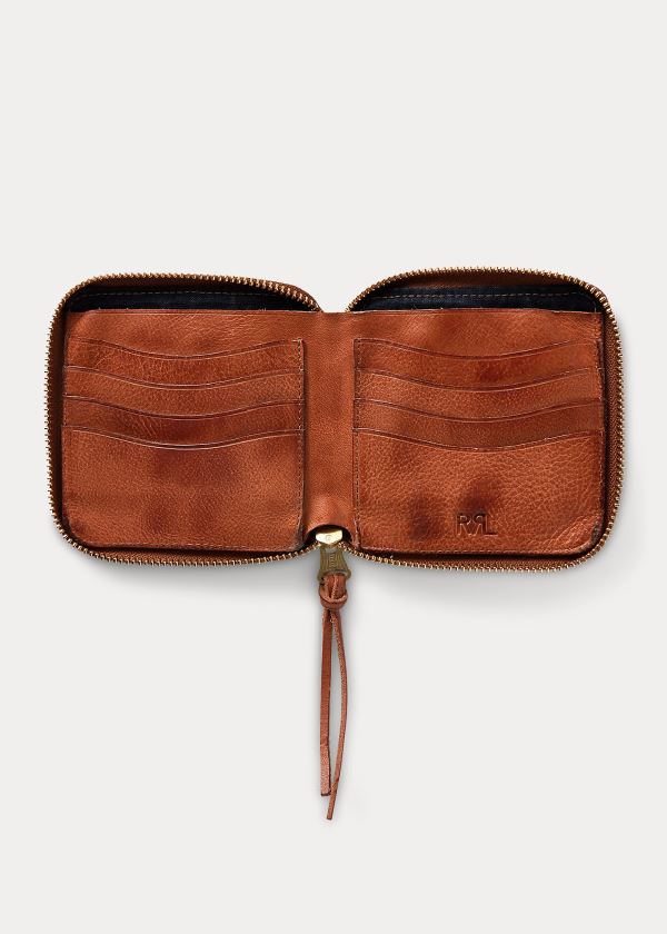 Portfele Ralph Lauren Tumbled Leather Zip Wallet Męskie Ciemny Brązowe Indygo | LGVV0037