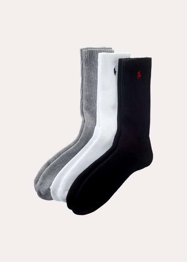 Skarpetki Ralph Lauren Cotton-Blend Crew Sock 3-Pack Męskie Czarne Szare Białe | MIMQ1231