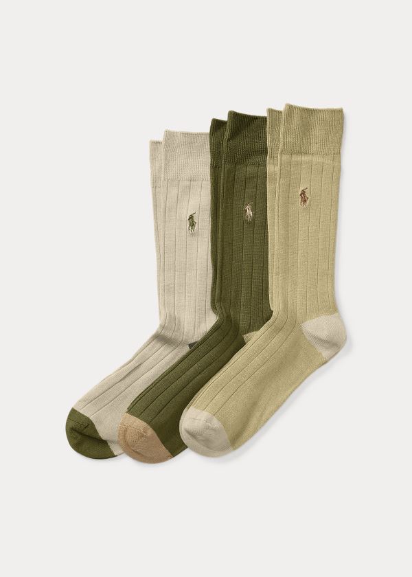 Skarpetki Ralph Lauren Rib-Knit Sock 3-Pack Męskie Khaki Czarne | EDYL6381