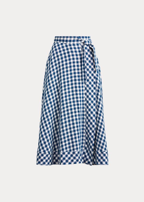 Spódnice Ralph Lauren Gingham Linen Wrap Skirt Damskie Niebieskie Białe | DGPI4426