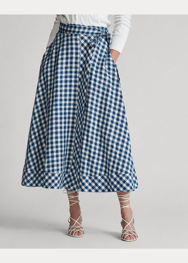 Spódnice Ralph Lauren Gingham Linen Wrap Skirt Damskie Niebieskie Białe | DGPI4426