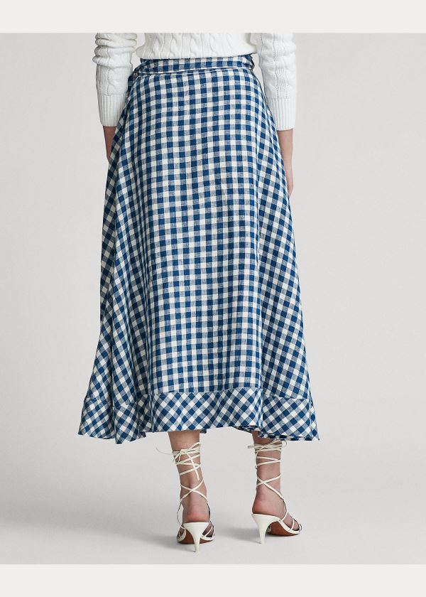 Spódnice Ralph Lauren Gingham Linen Wrap Skirt Damskie Niebieskie Białe | DGPI4426