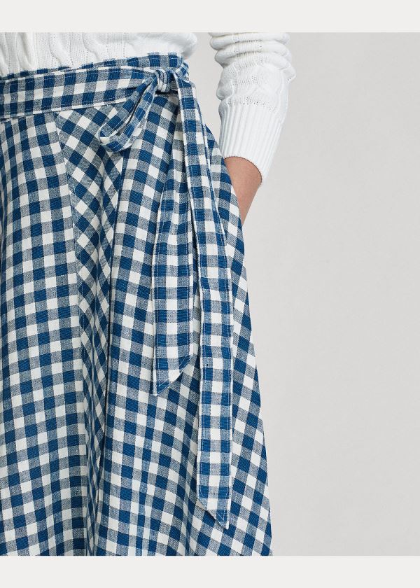 Spódnice Ralph Lauren Gingham Linen Wrap Skirt Damskie Niebieskie Białe | DGPI4426