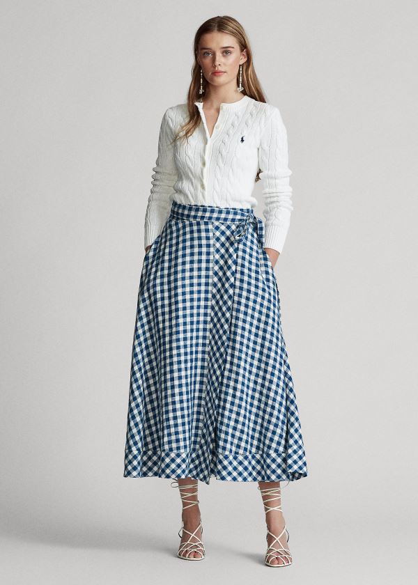 Spódnice Ralph Lauren Gingham Linen Wrap Skirt Damskie Niebieskie Białe | DGPI4426