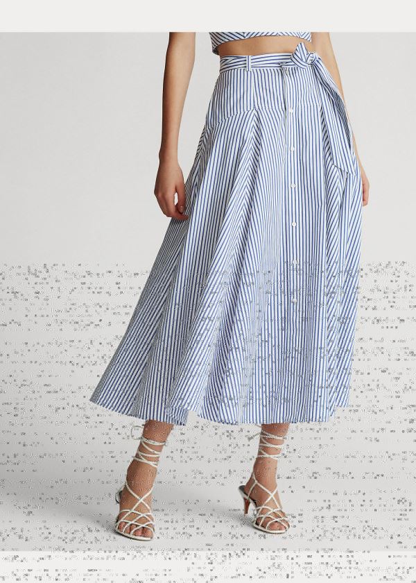 Spódnice Ralph Lauren Striped Cotton A-Line Skirt Damskie Białe Niebieskie | ZDUS1919