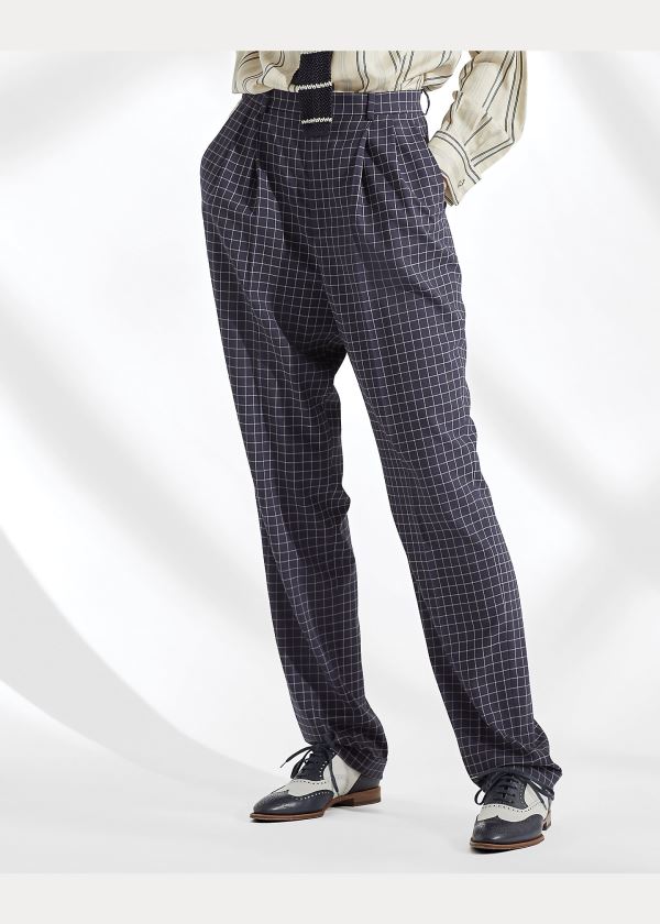 Spodnie Ralph Lauren Andela Checked Wool Pant Damskie Granatowe Kremowe | PSLF3120