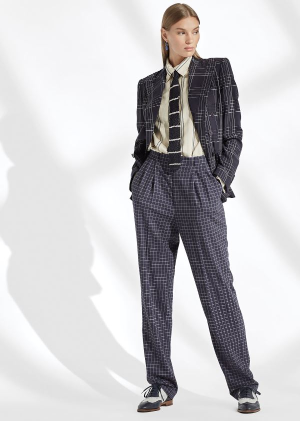 Spodnie Ralph Lauren Andela Checked Wool Pant Damskie Granatowe Kremowe | PSLF3120