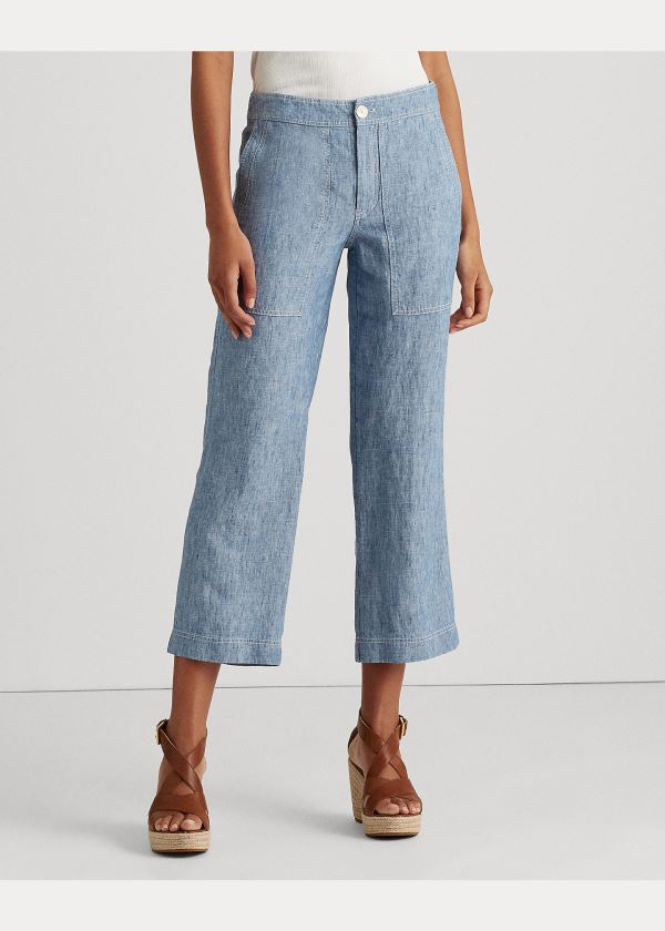 Spodnie Ralph Lauren Chambray Wide-Leg Linen Pant Damskie Niebieskie | SQIE9346