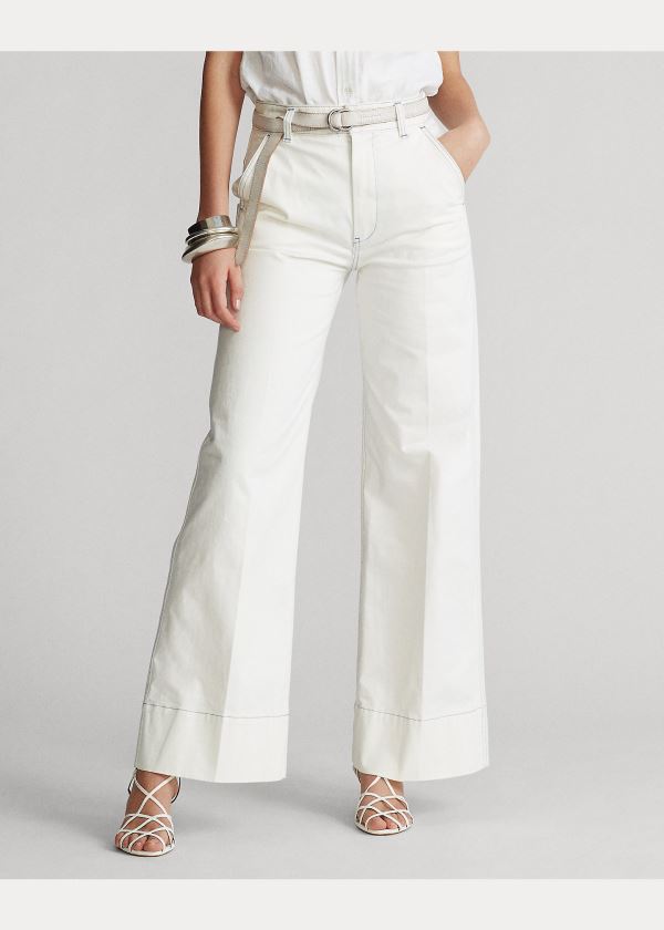 Spodnie Ralph Lauren Cotton-Blend Wide-Leg Pant Damskie Głęboka Białe | SBIH3247