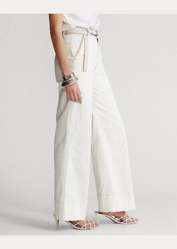 Spodnie Ralph Lauren Cotton-Blend Wide-Leg Pant Damskie Głęboka Białe | SBIH3247