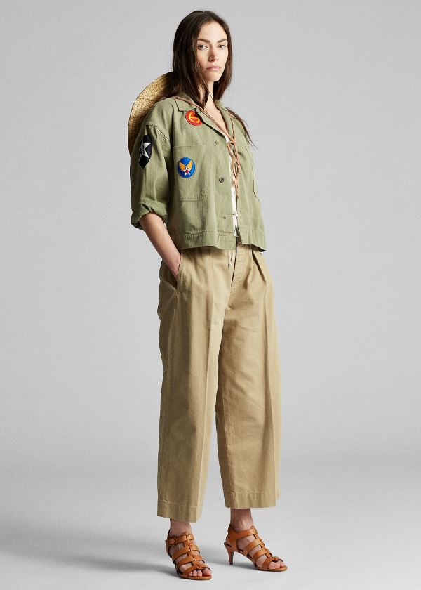 Spodnie Ralph Lauren Cropped Cotton Wide-Leg Pant Damskie Khaki | SYRU8566