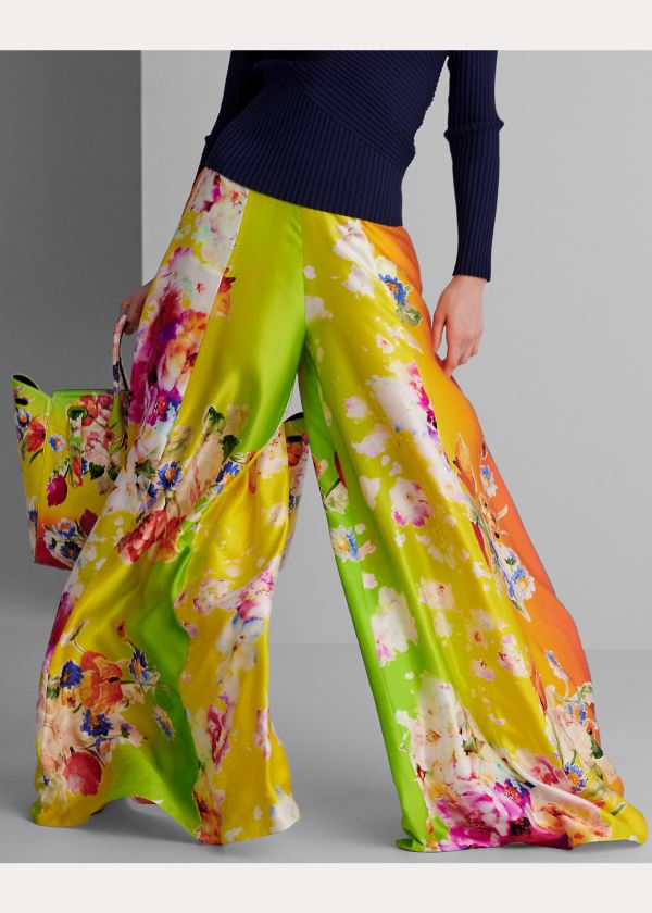 Spodnie Ralph Lauren Kyrah Floral Silk Palazzo Pant Damskie Różowe Żółte Zielone | LHZO9065