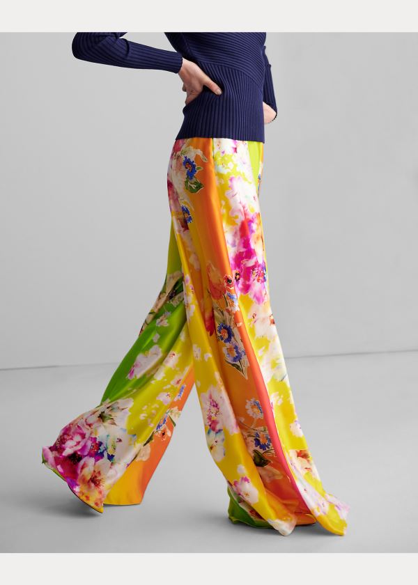 Spodnie Ralph Lauren Kyrah Floral Silk Palazzo Pant Damskie Różowe Żółte Zielone | LHZO9065