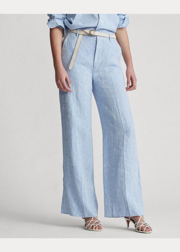 Spodnie Ralph Lauren Linen Wide-Leg Pant Damskie Głęboka Niebieskie | RIWJ3741