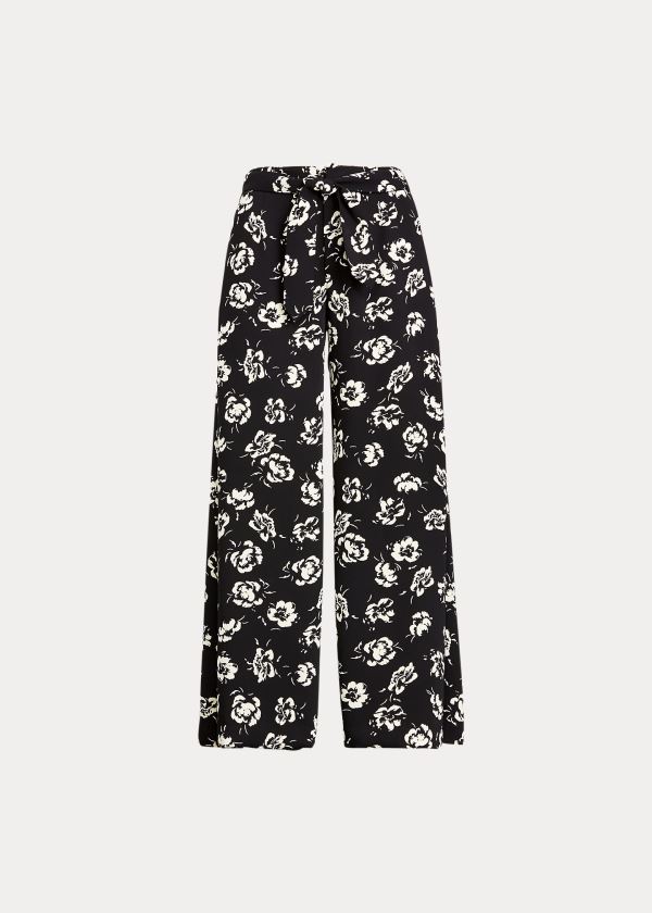 Spodnie Ralph Lauren Rose-Print Satin Pant Damskie Czarne Białe | MKQS9837