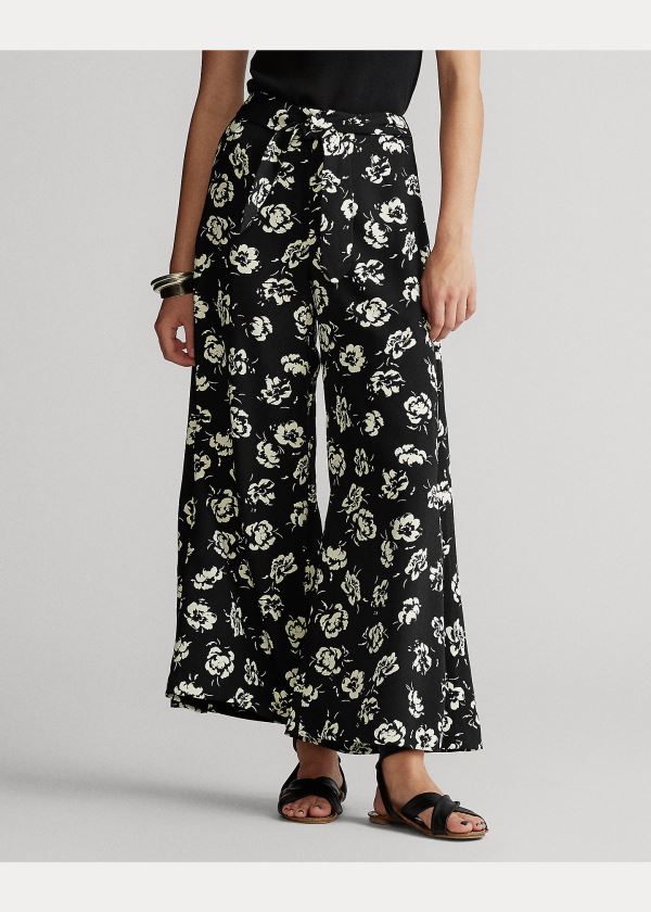 Spodnie Ralph Lauren Rose-Print Satin Pant Damskie Czarne Białe | MKQS9837