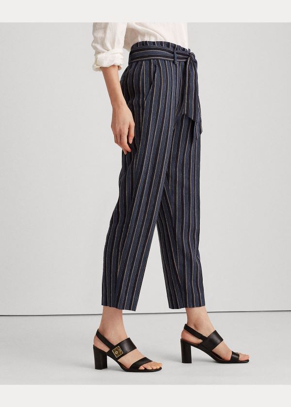 Spodnie Ralph Lauren Striped Cotton-Linen Pant Damskie Niebieskie Kolorowe | WFTE5754