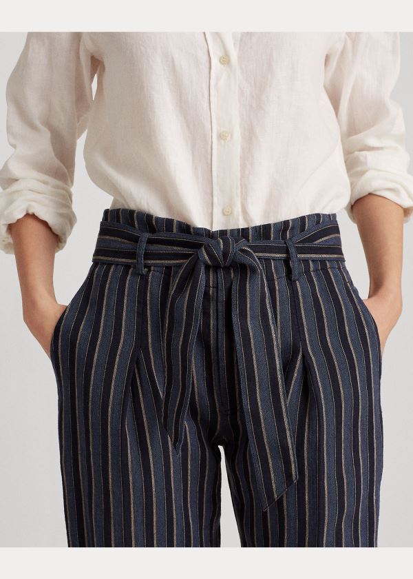 Spodnie Ralph Lauren Striped Cotton-Linen Pant Damskie Niebieskie Kolorowe | WFTE5754