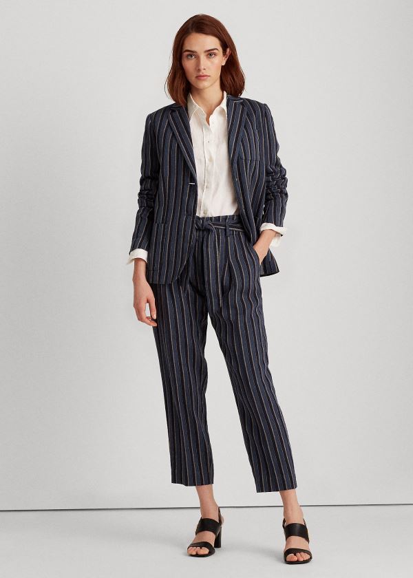 Spodnie Ralph Lauren Striped Cotton-Linen Pant Damskie Niebieskie Kolorowe | WFTE5754