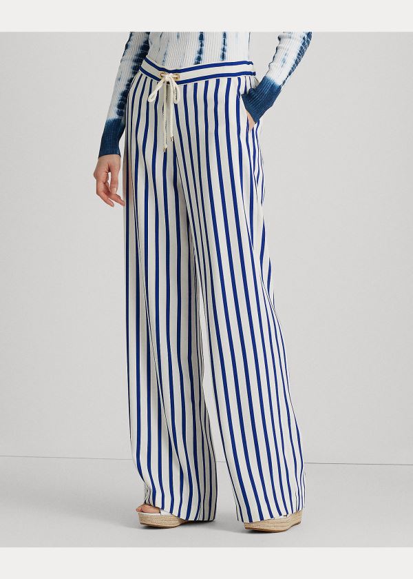 Spodnie Ralph Lauren Striped Satin Wide-Leg Pant Damskie Niebieskie Kremowe | QYCL4522