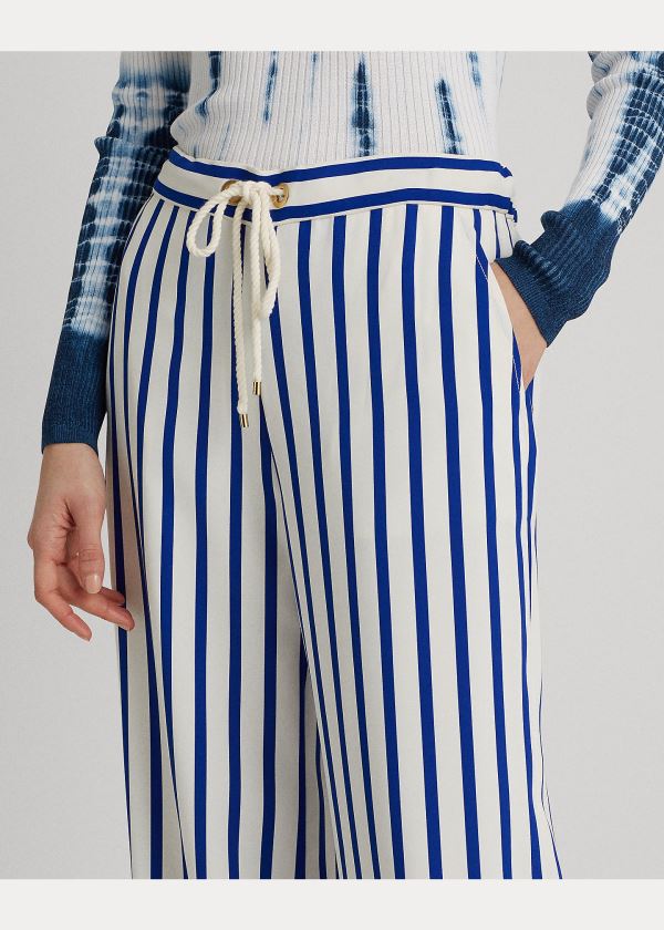 Spodnie Ralph Lauren Striped Satin Wide-Leg Pant Damskie Niebieskie Kremowe | QYCL4522