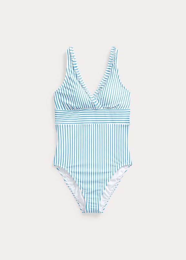 Stroje Pływackie Ralph Lauren Ruffle-Trim Striped One-Piece Damskie Niebieskie Białe | LOBA4417