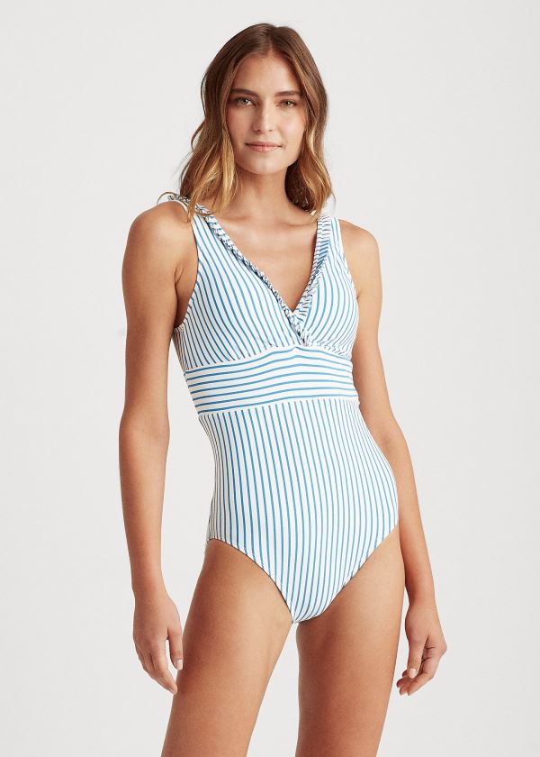 Stroje Pływackie Ralph Lauren Ruffle-Trim Striped One-Piece Damskie Niebieskie Białe | LOBA4417