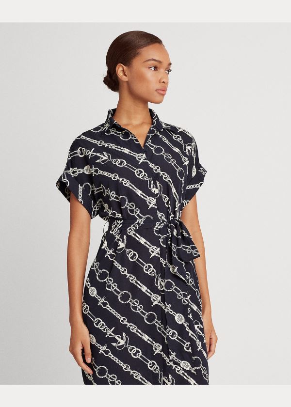 Sukienka Ralph Lauren Anchor-Print Crepe Shirtdress Damskie Granatowe Kremowe | BWTU9627