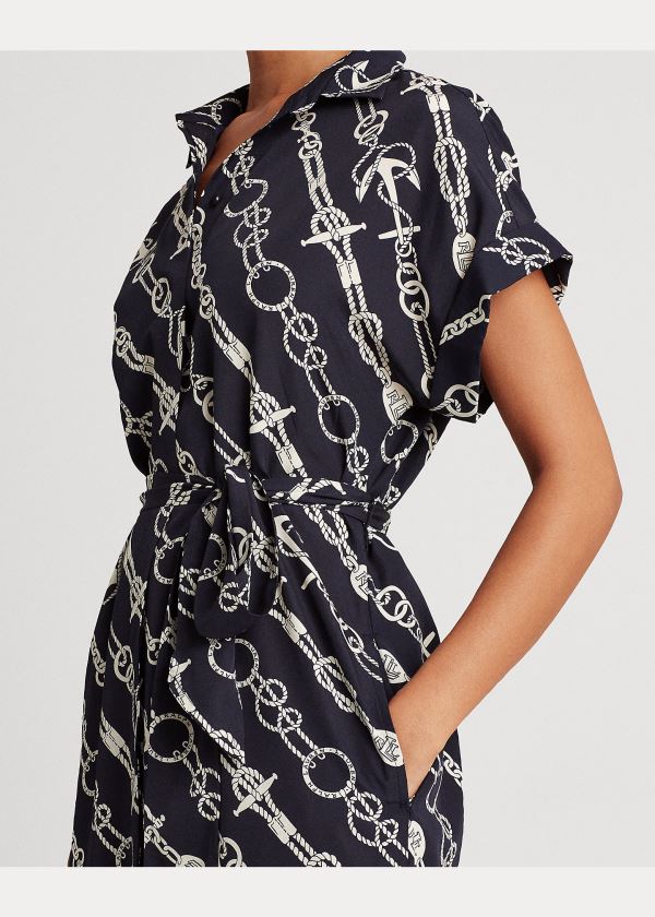 Sukienka Ralph Lauren Anchor-Print Crepe Shirtdress Damskie Granatowe Kremowe | BWTU9627