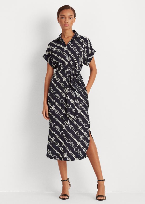 Sukienka Ralph Lauren Anchor-Print Crepe Shirtdress Damskie Granatowe Kremowe | BWTU9627