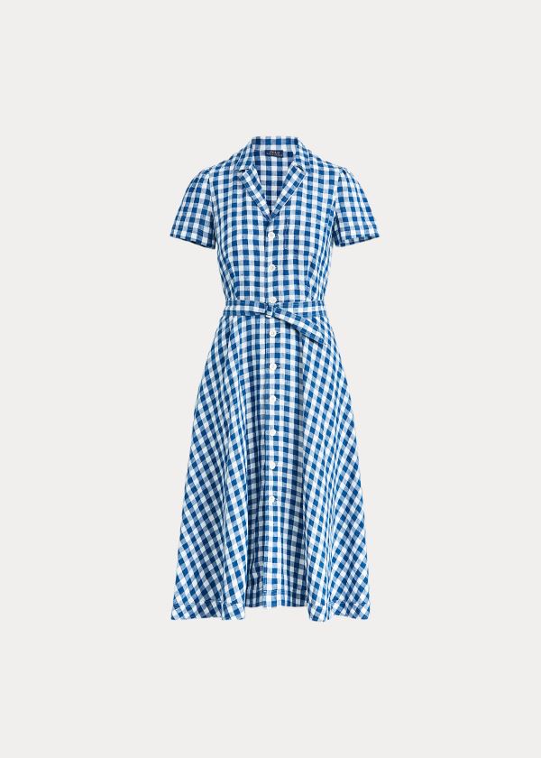 Sukienka Ralph Lauren Belted Linen Midi Dress Damskie Niebieskie Białe | TYTP1676