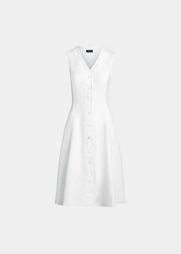 Sukienka Ralph Lauren Buttoned-Placket Linen Dress Damskie Białe | MMJW9020