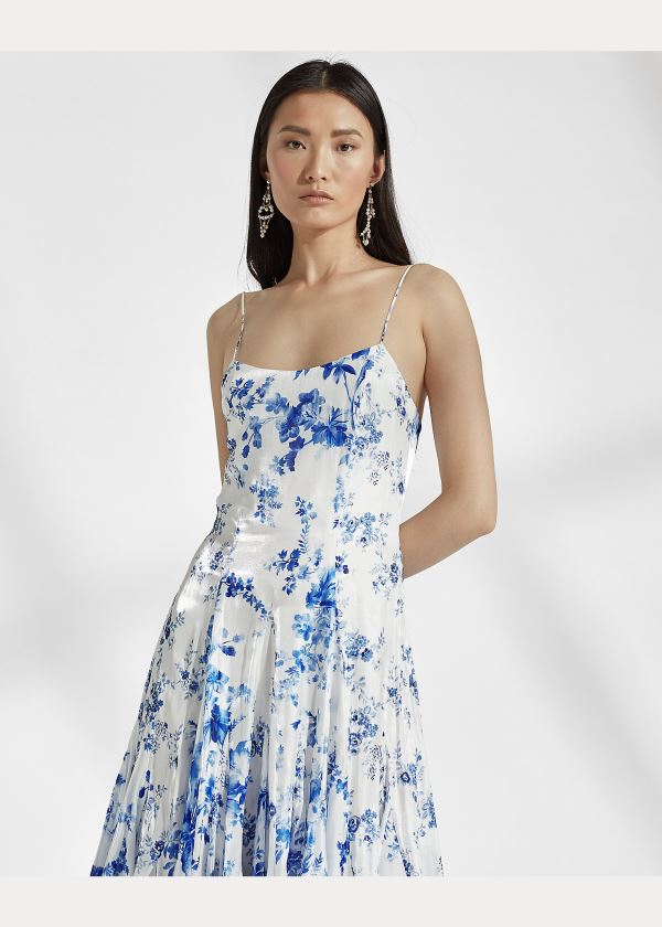 Sukienka Ralph Lauren Denisa Floral Satin Dress Damskie Niebieskie Białe | KZES5894