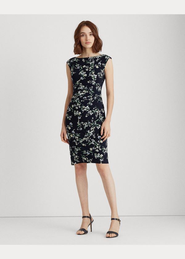 Sukienka Ralph Lauren Floral Boatneck Dress Damskie Granatowe Niebieskie Kolorowe | MQXQ7578