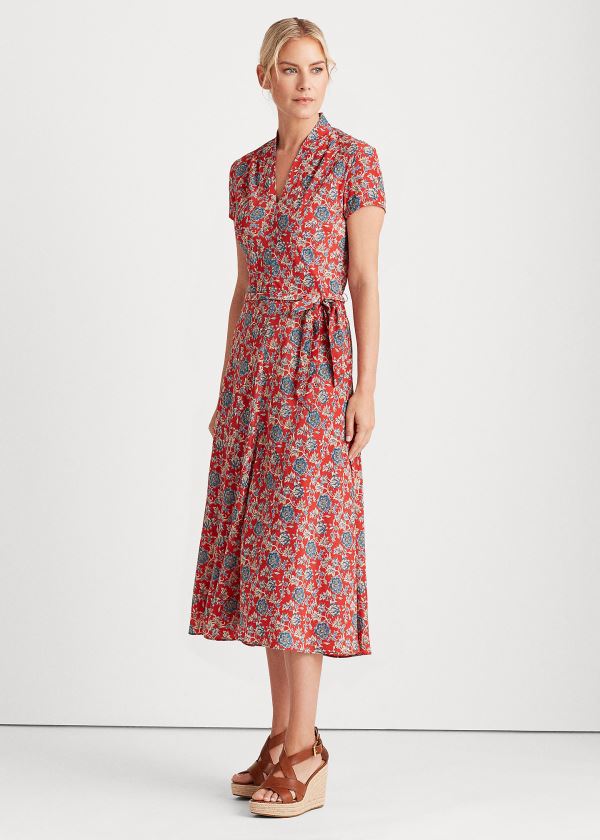 Sukienka Ralph Lauren Floral Crepe Midi Dress Damskie Czerwone Kolorowe | XWKP1989