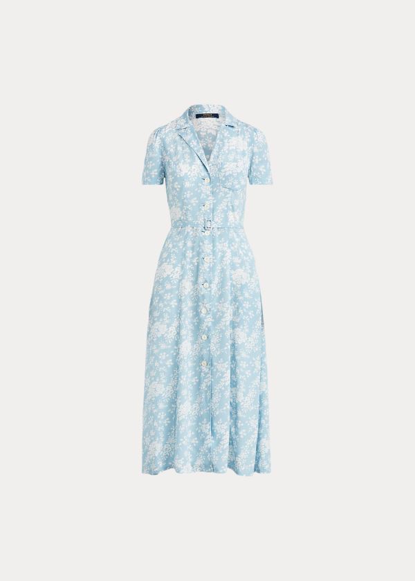 Sukienka Ralph Lauren Floral Crepe Midi Dress Damskie Niebieskie Białe | KJAW5928