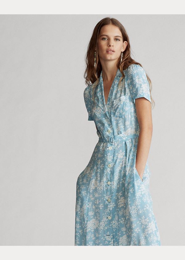 Sukienka Ralph Lauren Floral Crepe Midi Dress Damskie Niebieskie Białe | KJAW5928