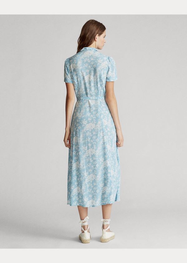 Sukienka Ralph Lauren Floral Crepe Midi Dress Damskie Niebieskie Białe | KJAW5928