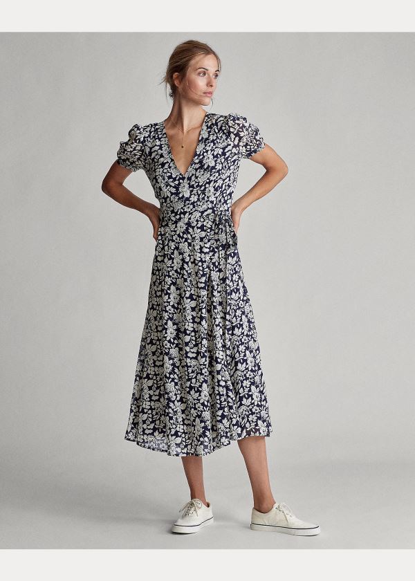 Sukienka Ralph Lauren Floral Crepe Wrap Dress Damskie Granatowe Kolorowe | CSQC5445