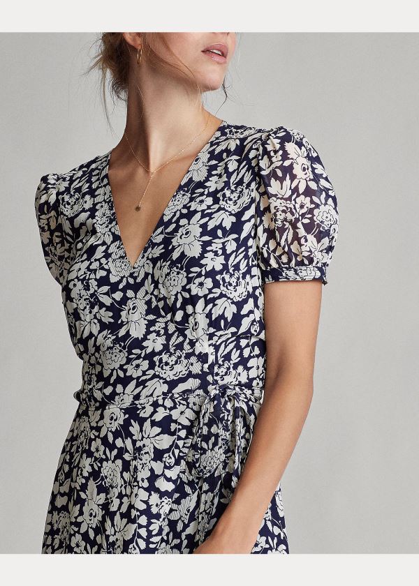 Sukienka Ralph Lauren Floral Crepe Wrap Dress Damskie Granatowe Kolorowe | CSQC5445