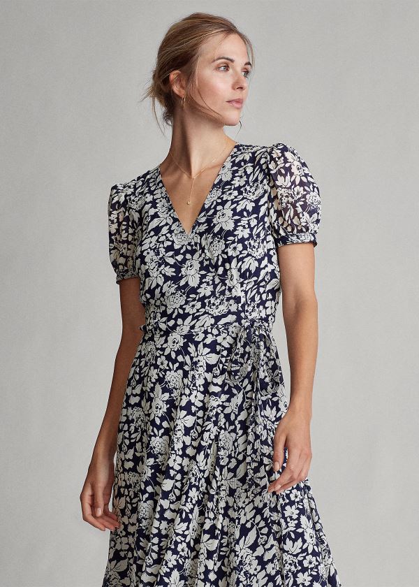 Sukienka Ralph Lauren Floral Crepe Wrap Dress Damskie Granatowe Kolorowe | CSQC5445