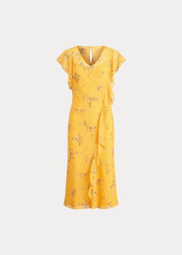 Sukienka Ralph Lauren Floral Georgette Dress Damskie Żółte Szare Kolorowe | OEMJ4021