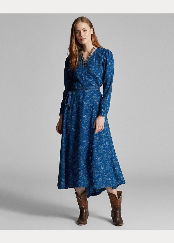 Sukienka Ralph Lauren Floral Indigo Wrap Dress Damskie Indygo Kolorowe | IGZN3805