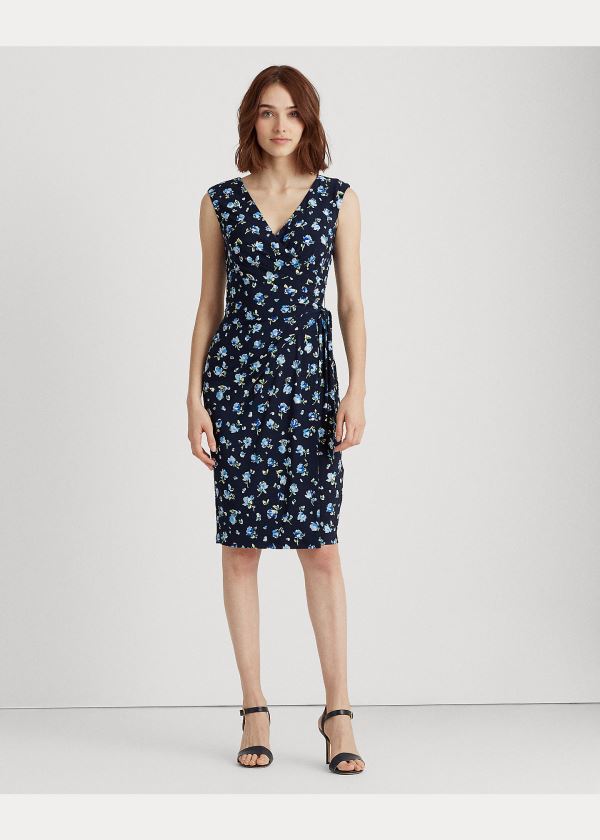 Sukienka Ralph Lauren Floral Jersey Wrap-Style Dress Damskie Granatowe Niebieskie Kolorowe | QPAI0424