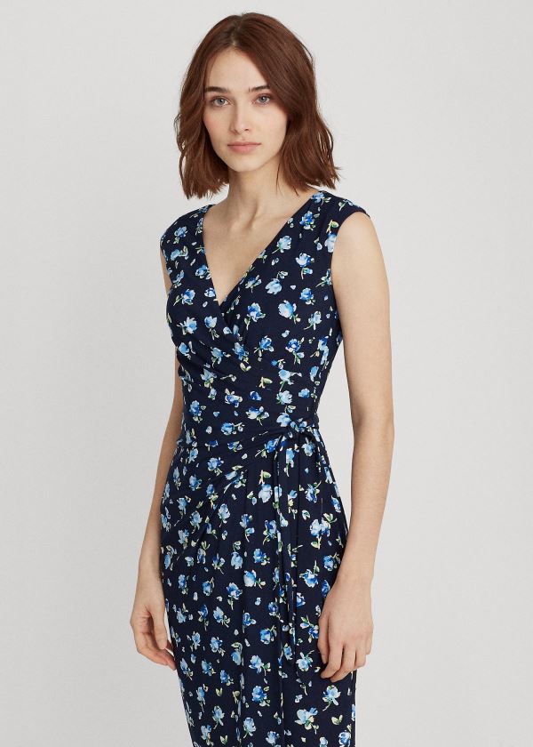 Sukienka Ralph Lauren Floral Jersey Wrap-Style Dress Damskie Granatowe Niebieskie Kolorowe | QPAI0424